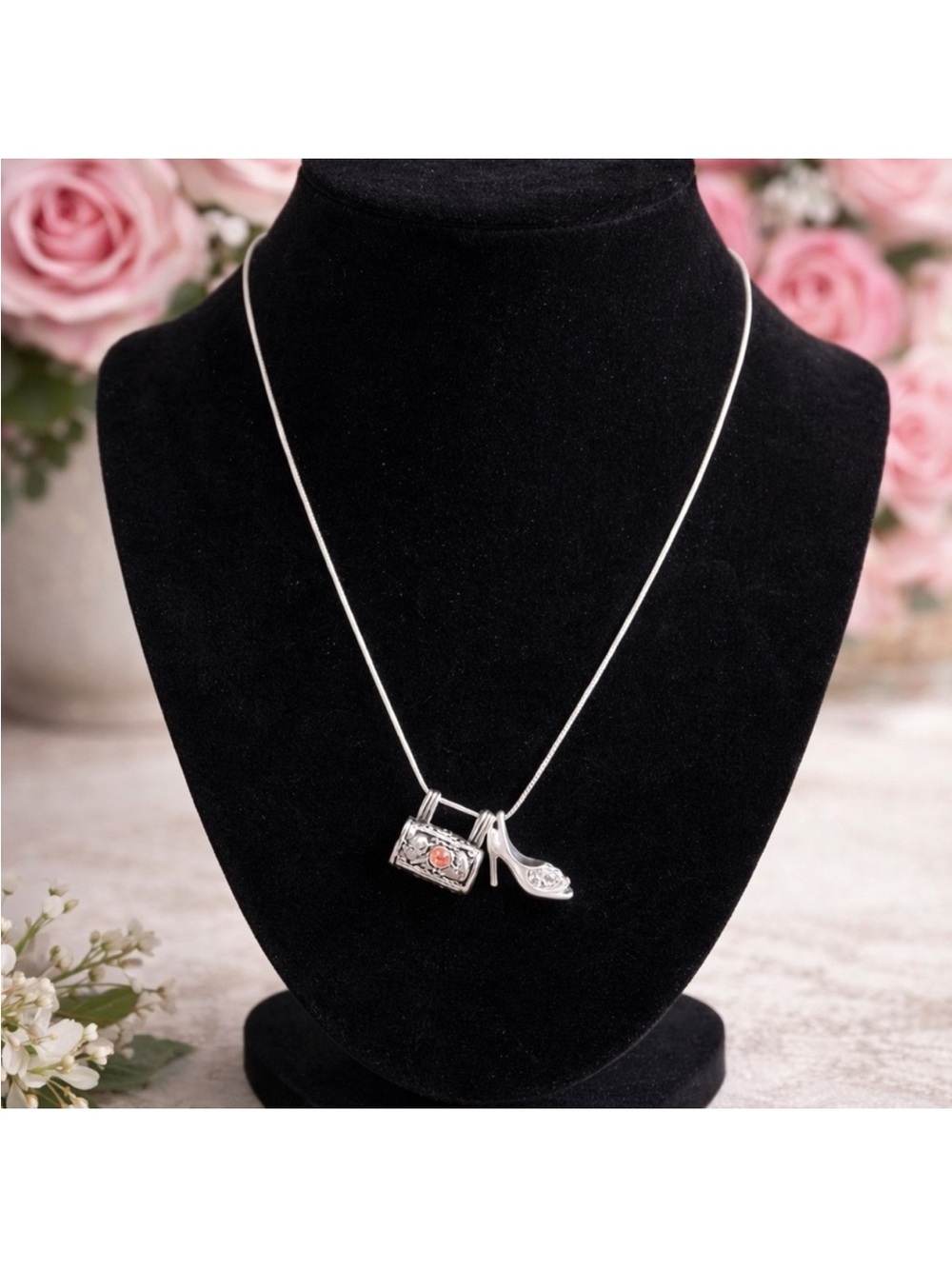 Silver High Heel and Purse Charm Necklace - Pink Accent Y2K